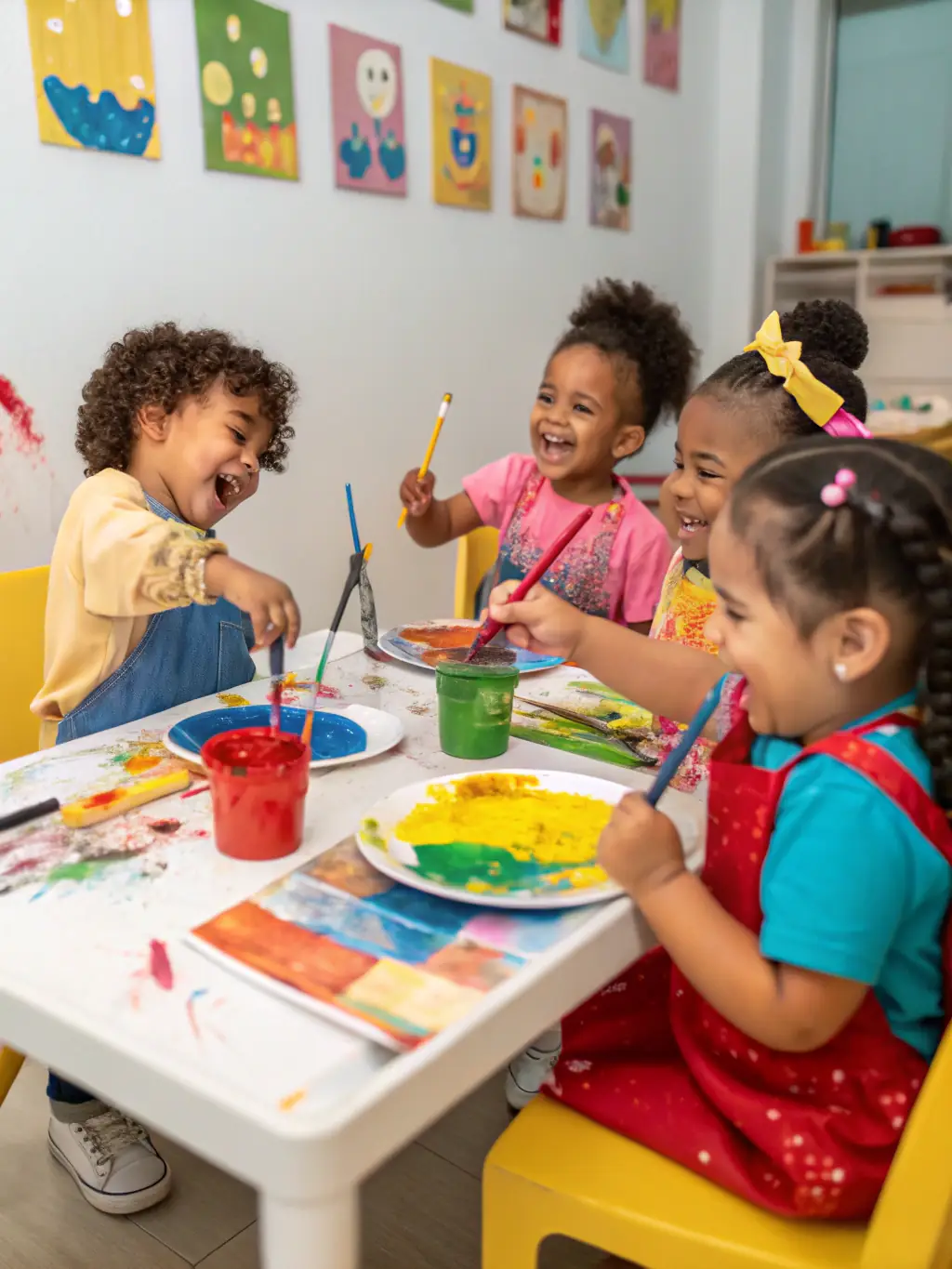 Children working together on an art project, painting and creating collages, highlighting the creativity and self-expression fostered in the Arts and Crafts Program at Caleidoscopio.