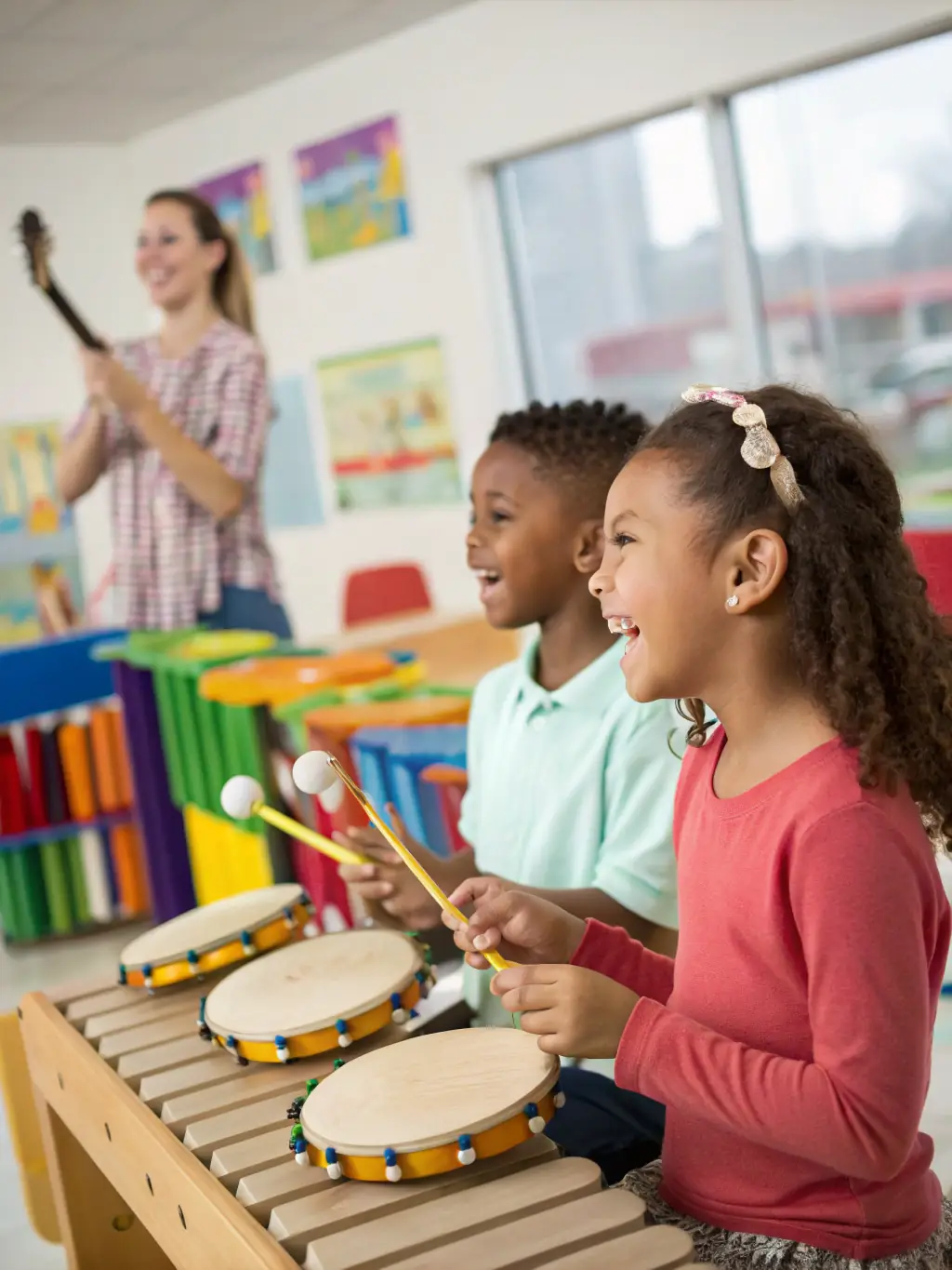 A group of children singing and playing musical instruments together, demonstrating the collaborative and expressive nature of the Music and Movement Program at Caleidoscopio.