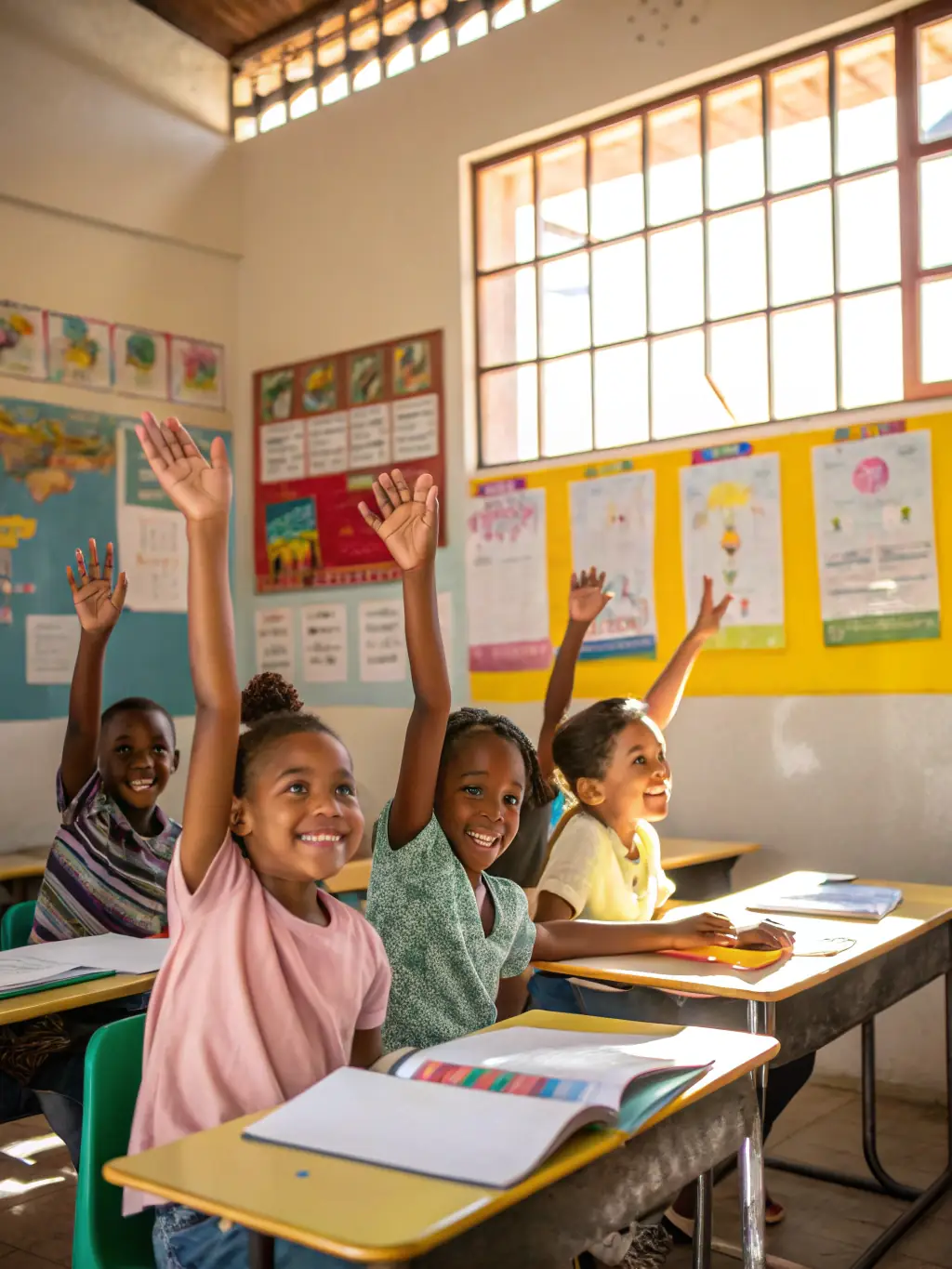 A group of diverse children sitting in a circle with a teacher, participating in a language-based activity with colorful flashcards and toys in a classroom at Caleidoscopio Language School.