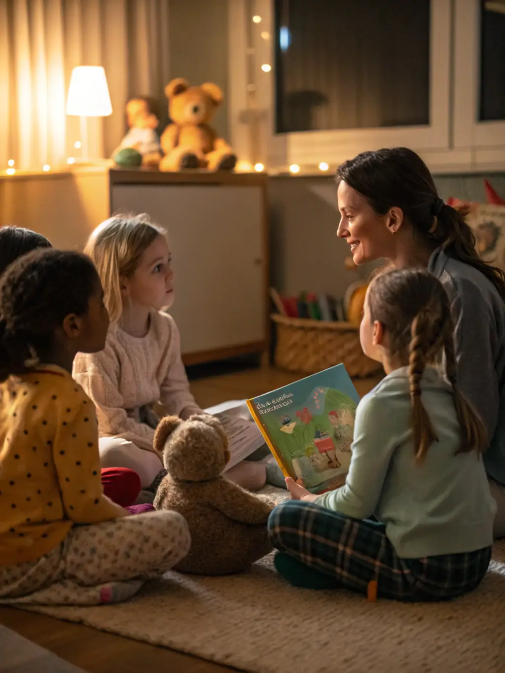 A vibrant classroom scene with children engaged in a storytelling session, led by a teacher with puppets, showcasing the interactive and imaginative learning environment of the Language Arts Program at Caleidoscopio.
