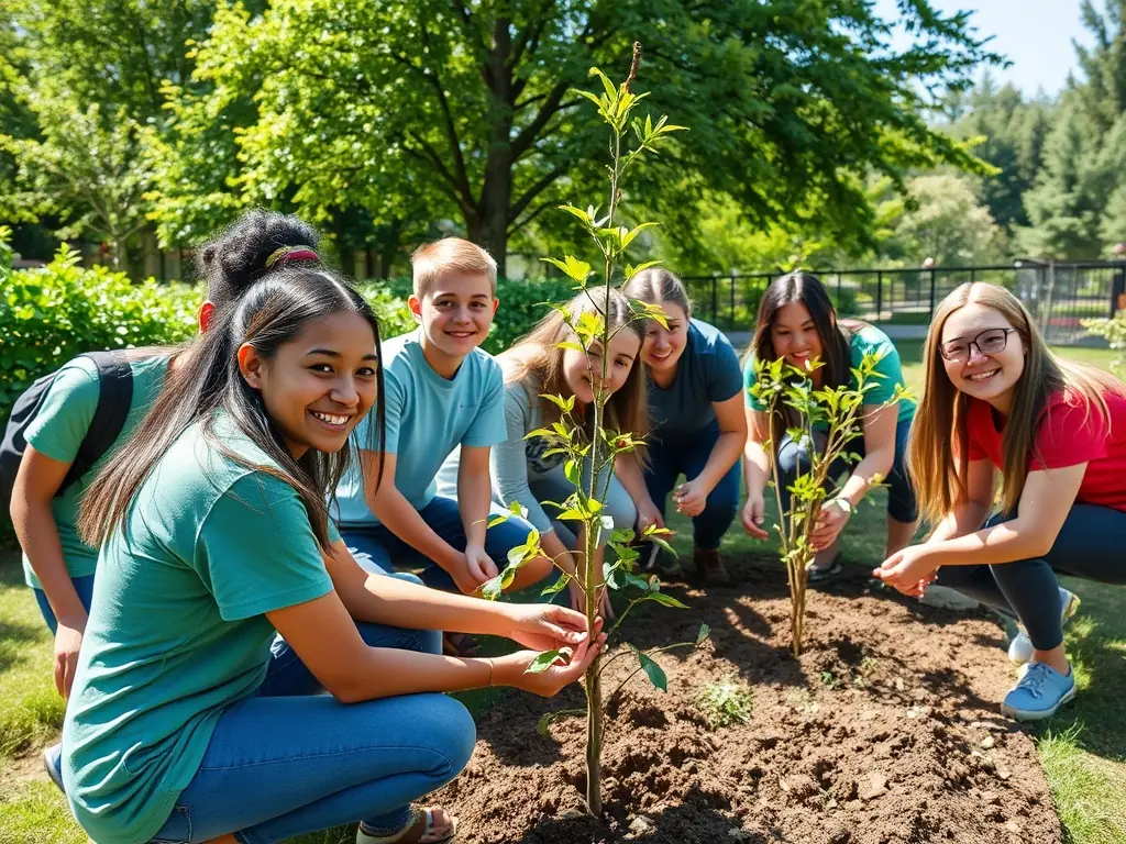 A group of children and teachers planting trees in the community garden, showcasing the school's commitment to environmental stewardship and community engagement.