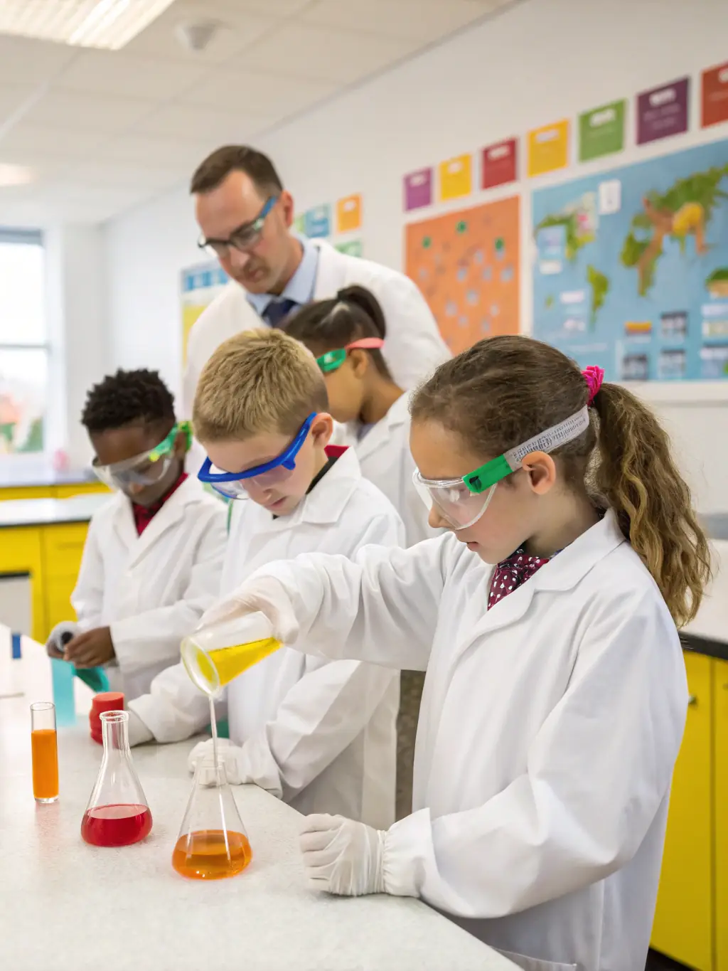 Children participating in a hands-on science experiment, mixing colors and observing reactions, illustrating the experiential learning approach of the Science Explorers Program at Caleidoscopio.
